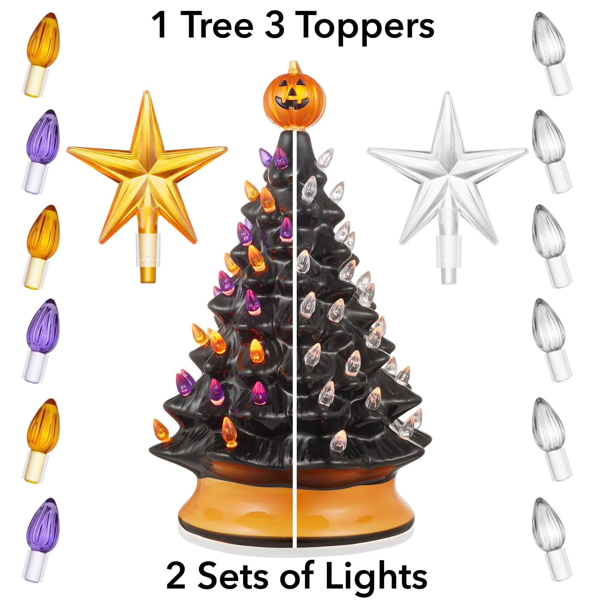 15" Hand Painted Ceramic Pre-Lit Halloween Tree with Pumpkin and Star