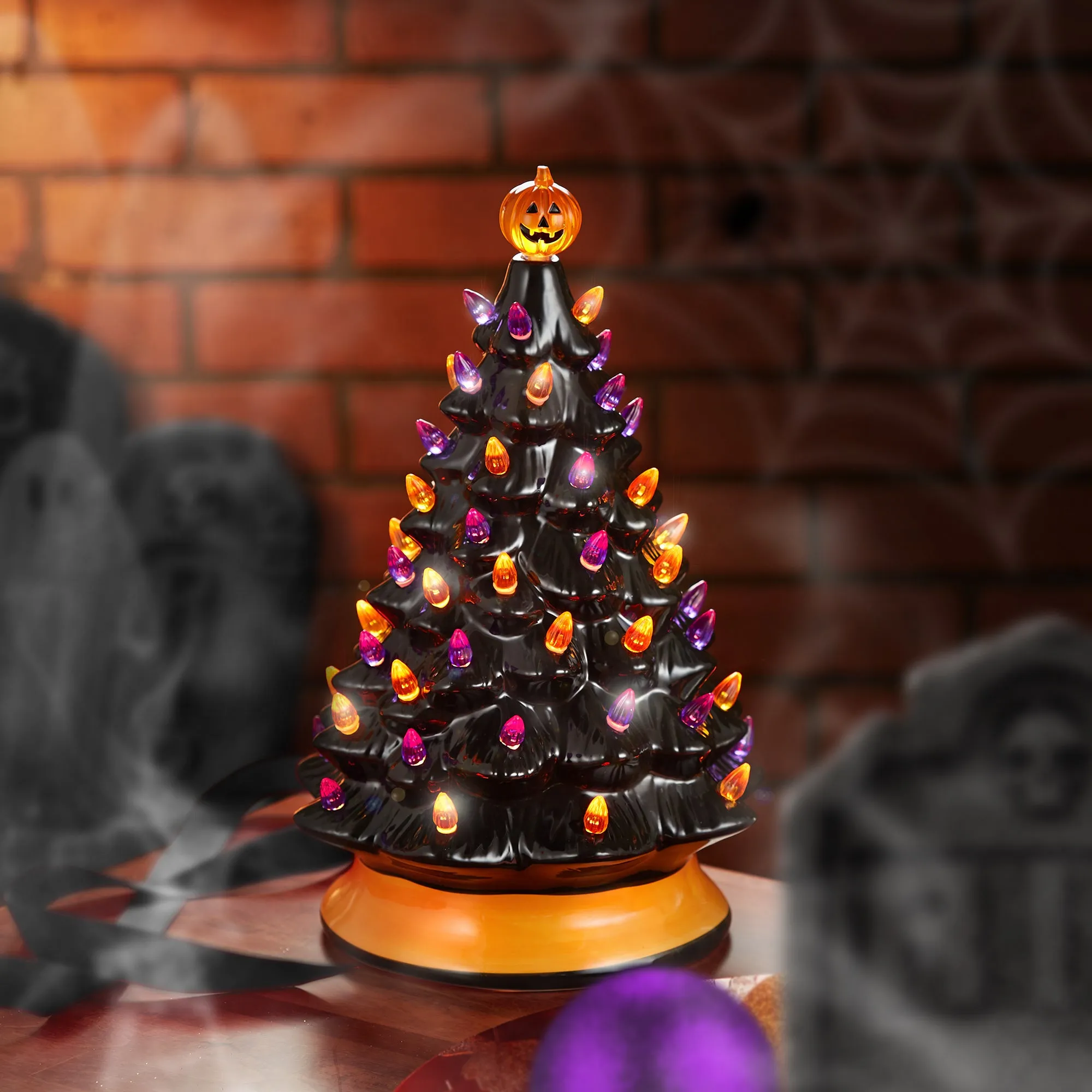 15" Hand Painted Ceramic Pre-Lit Halloween Tree with Pumpkin and Star