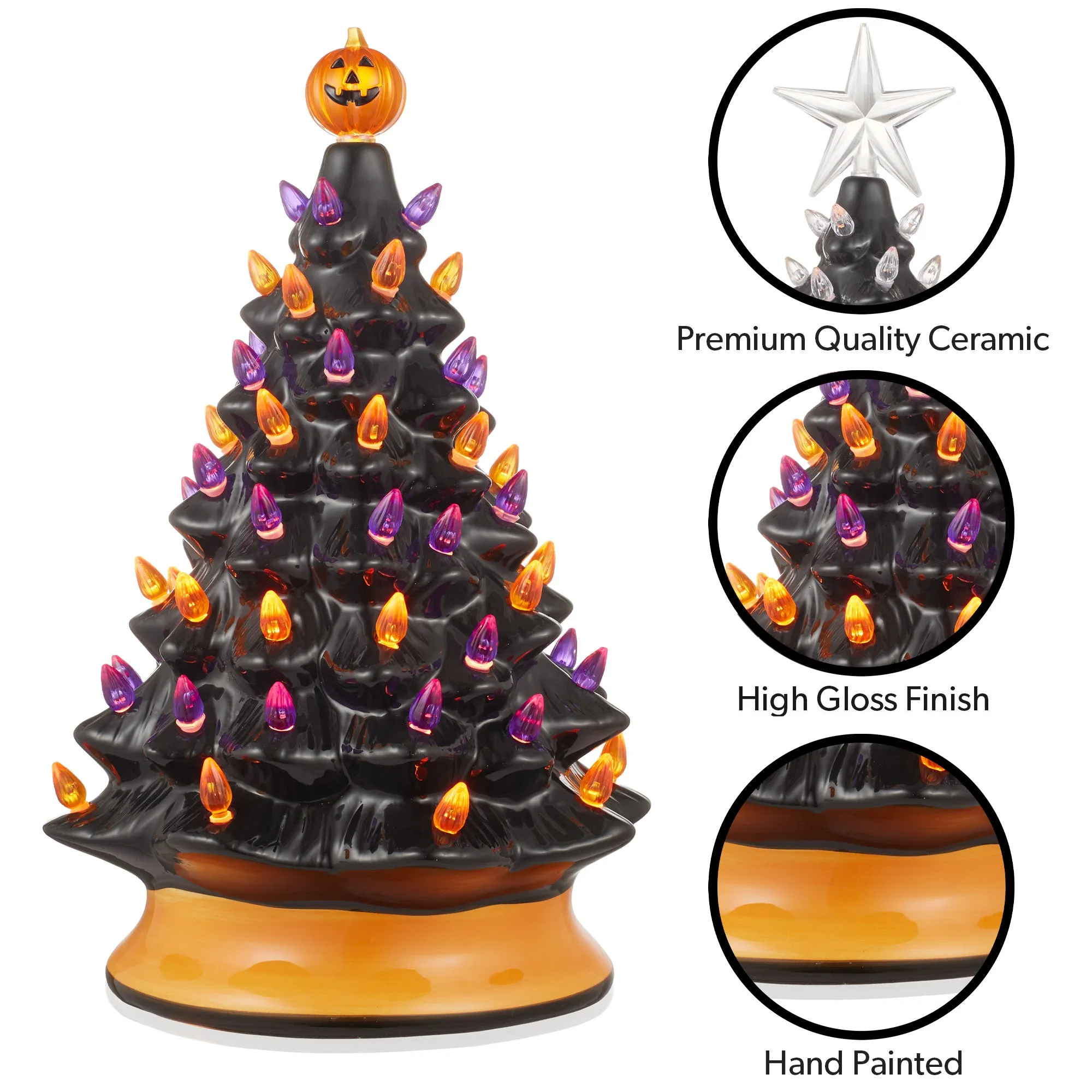 15" Hand Painted Ceramic Pre-Lit Halloween Tree with Pumpkin and Star