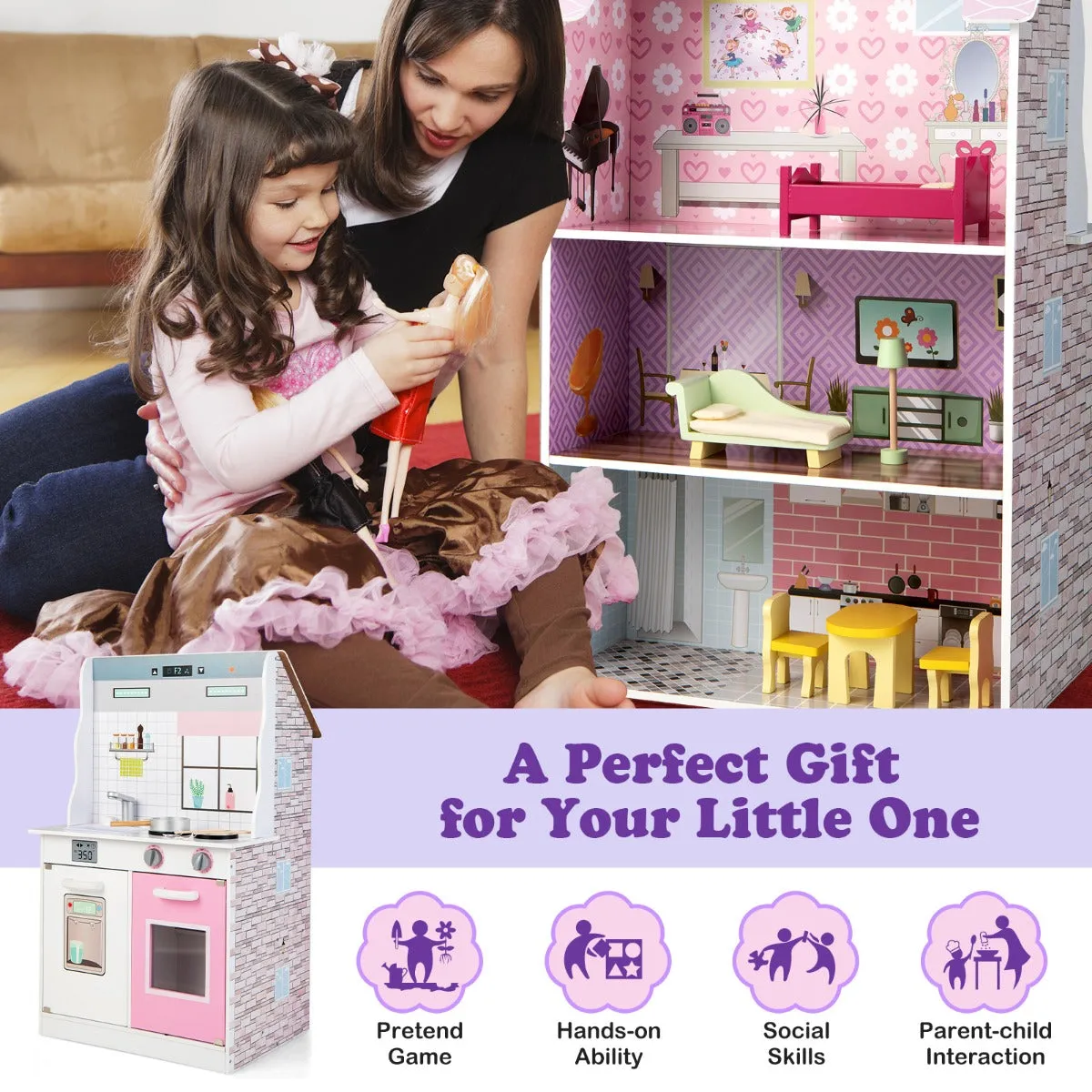 2-In-1 Kitchen Playset and Dollhouse with 9 Accessories