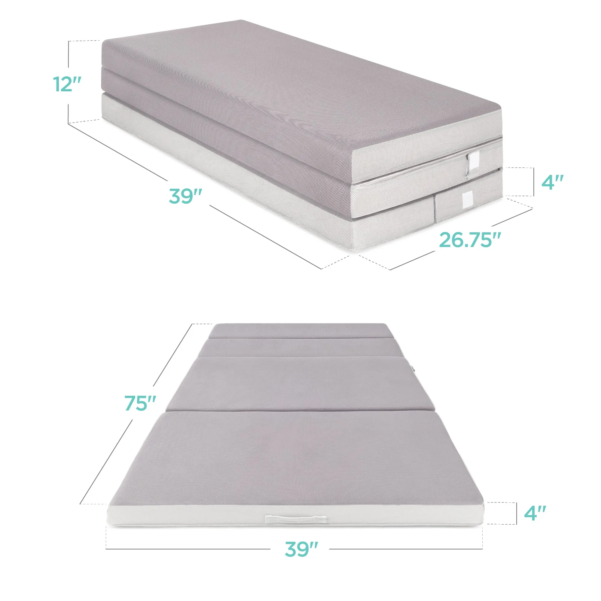 Folding Portable Gray Mattress Topper w/ Plush Foam - 4in