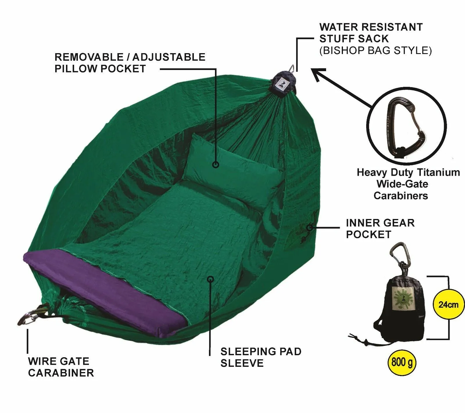 Hammock Adventurers Single 100% Parachute Material Dark Green