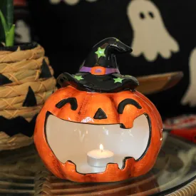 Large Witch Hat Jack O'Lantern Ceramic Candle Holder