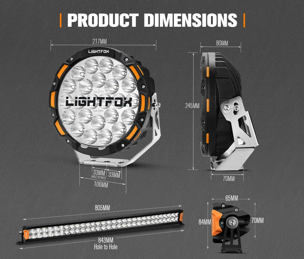 Lightfox OSRAM 9 inch LED Driving Lights   30 inch Dual Row LED Light Bar   Wiring Kit