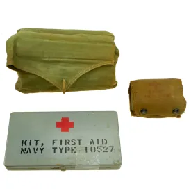 Original U.S. WWII to Korean War Era US Navy Aircraft and Pilot First Aid Kit Lot With Emergency Fishing Kit - 3 Complete Items