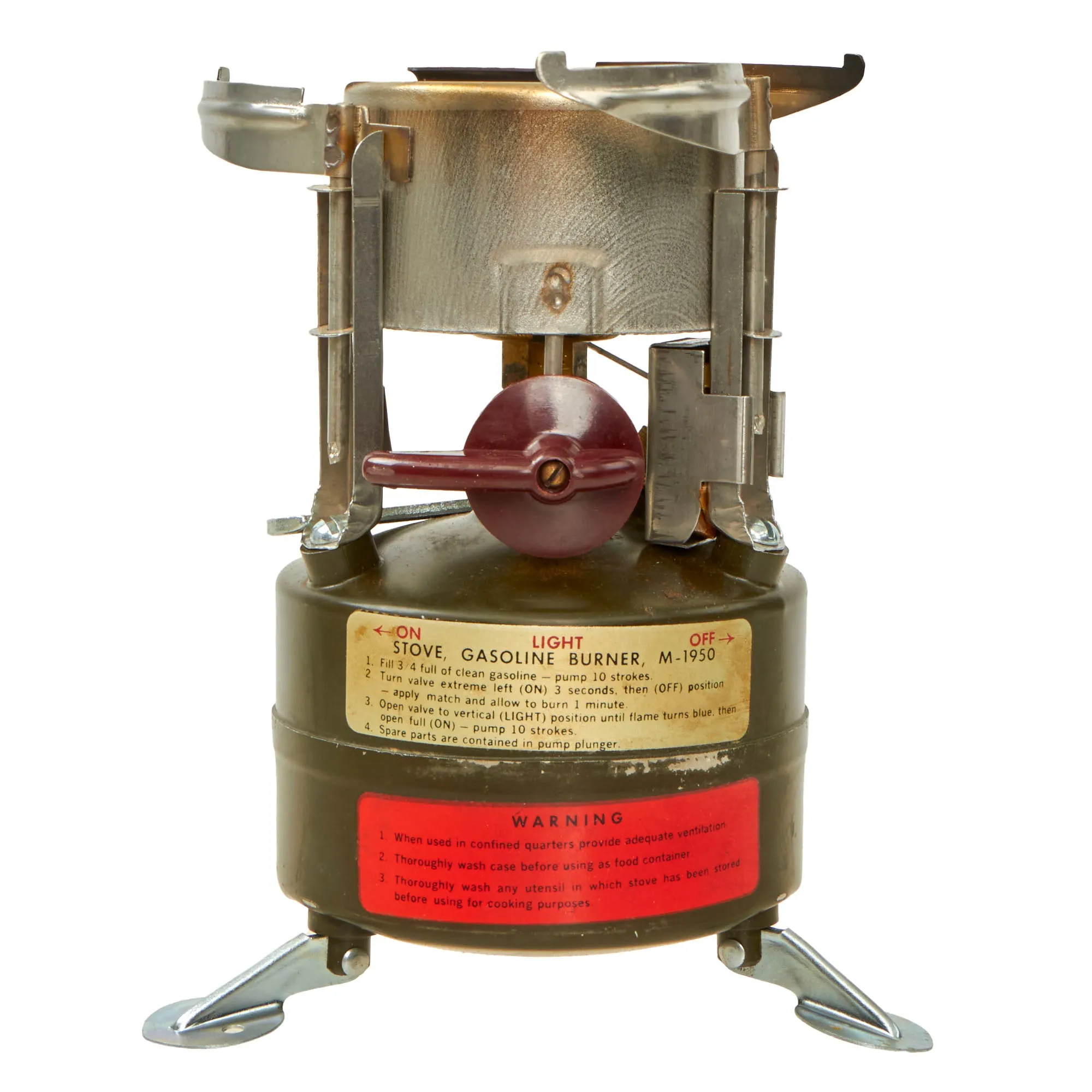 Original Vietnam War U.S. Issue Rogers Gasoline Camp Stove in Bayonet "F" Canister with Original Manual - Dated 1951 & 1964