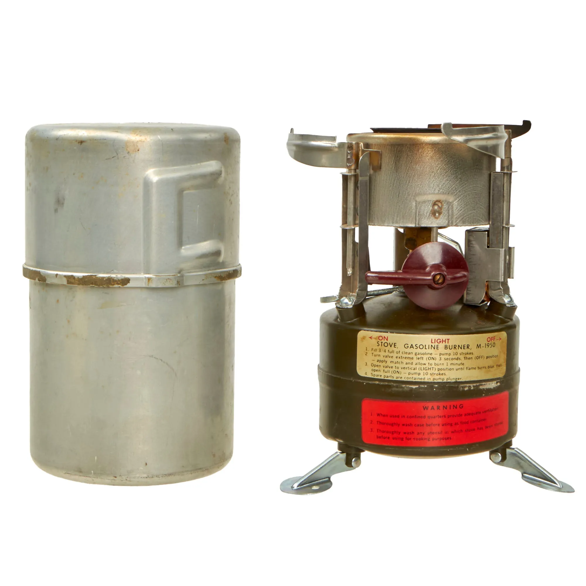 Original Vietnam War U.S. Issue Rogers Gasoline Camp Stove in Bayonet "F" Canister with Original Manual - Dated 1951 & 1964