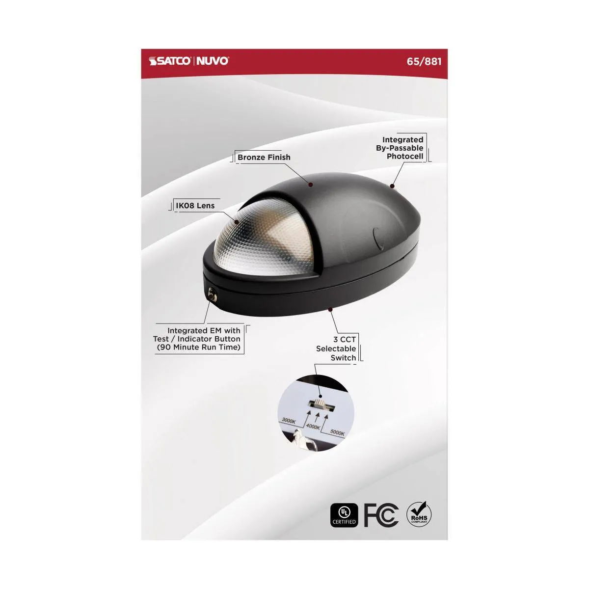 Oval Small Emergency Wall Pack; LED; CCT Selectable; Photocell; Black Finish