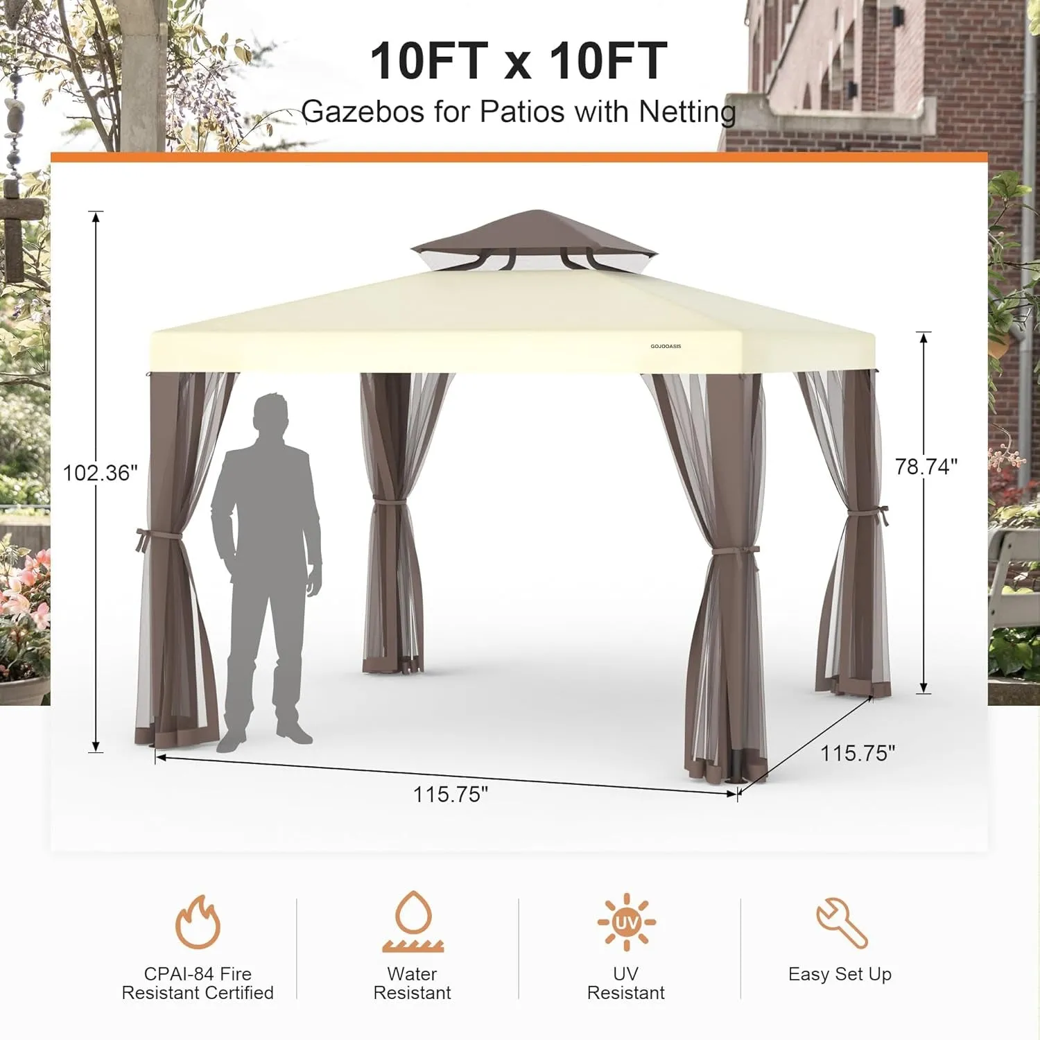 Patio Gazebo Tent Outdoor Canopy Shelter 10'X10' W/Mosquito Netting with 100 Square Feet of Shade for Garden, Backyard Deck and Lawns